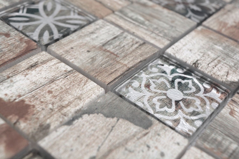 Mosaico in vetro dipinto a mano Medio Vintage Patchwork beige ornamento effetto legno MOS160-W700_m