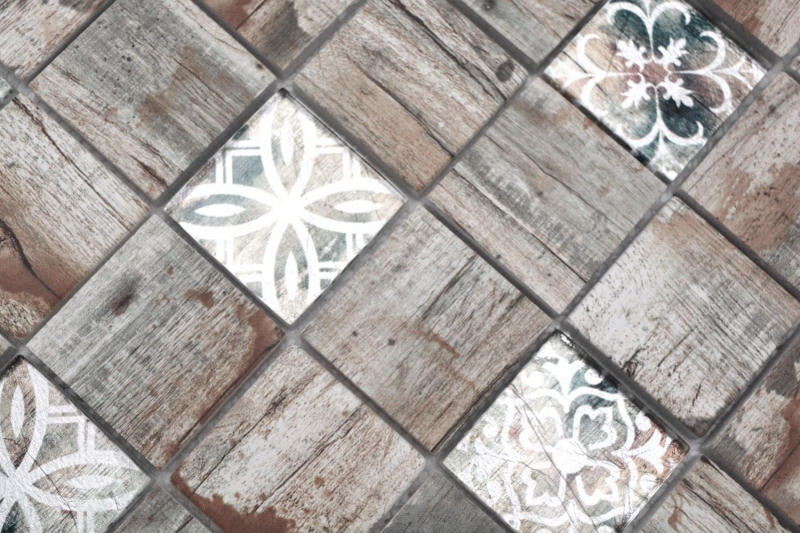 Mosaico in vetro dipinto a mano Medio Vintage Patchwork beige ornamento effetto legno MOS160-W700_m