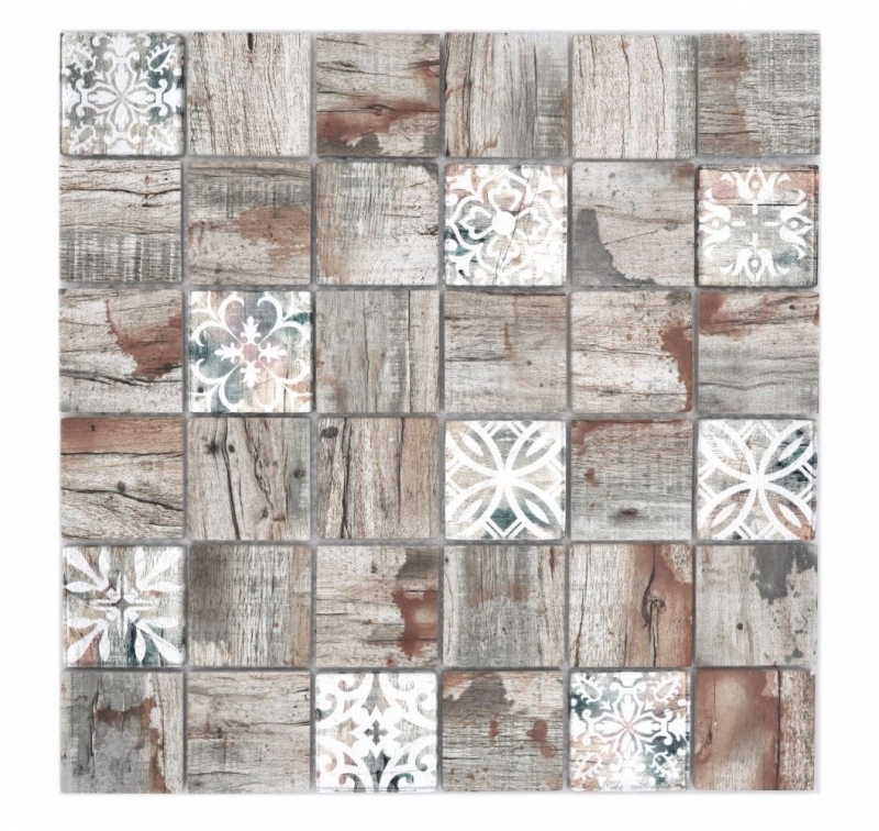 Mosaico in vetro dipinto a mano Medio Vintage Patchwork beige ornamento effetto legno MOS160-W700_m