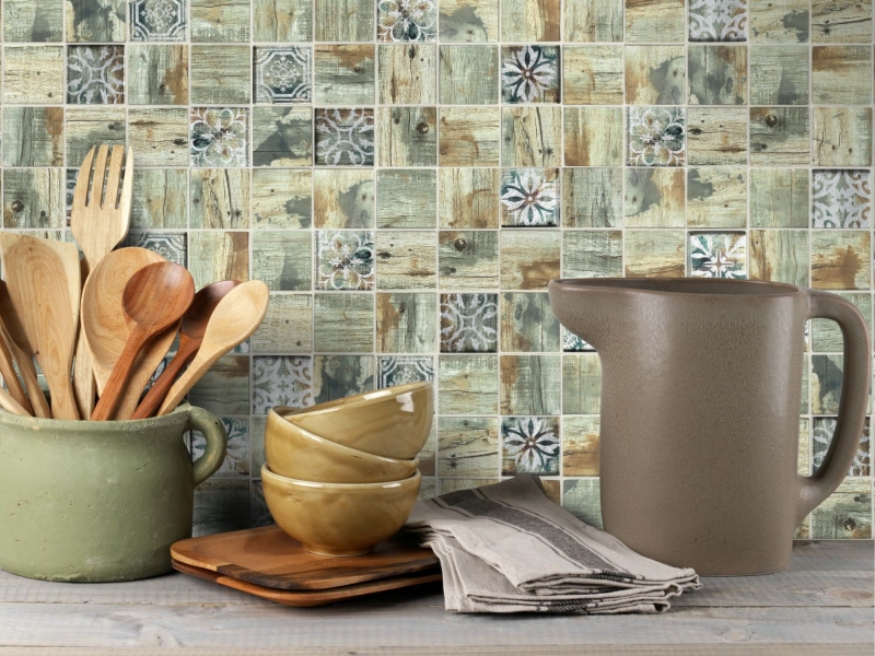 Mosaico in vetro dipinto a mano Medio Vintage Patchwork beige ornamento effetto legno MOS160-W700_m