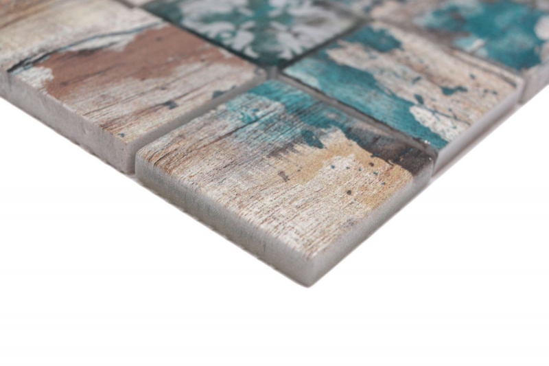Mosaico in vetro dipinto a mano Medio Vintage Patchwork beige pertrol effetto legno MOS160-W800_m