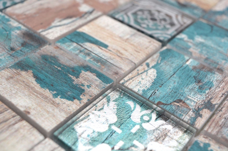 Mosaico in vetro dipinto a mano Medio Vintage Patchwork beige pertrol effetto legno MOS160-W800_m