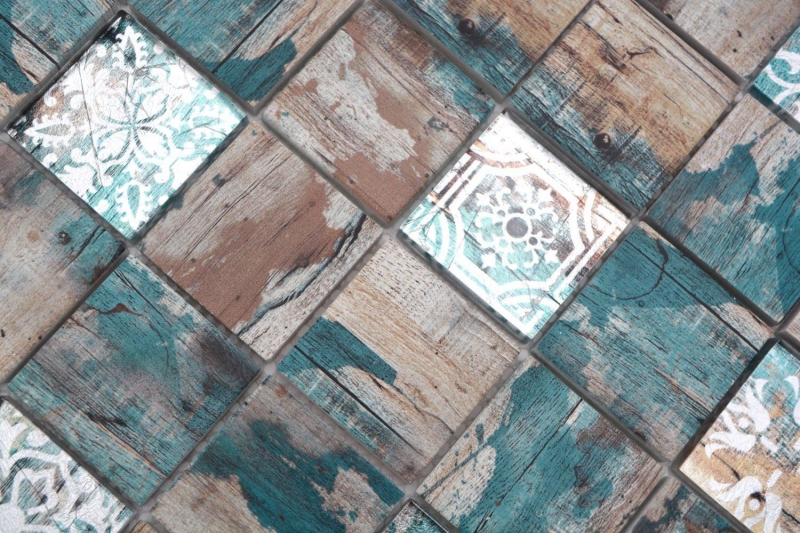 Mosaico in vetro dipinto a mano Medio Vintage Patchwork beige pertrol effetto legno MOS160-W800_m