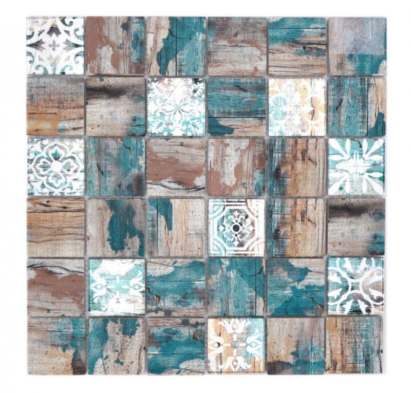 Mosaico in vetro dipinto a mano Medio Vintage Patchwork beige pertrol effetto legno MOS160-W800_m