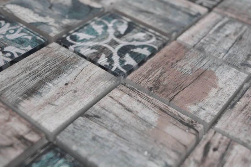 Mosaico in vetro dipinto a mano Medio Vintage Patchwork grigio marrone verde pastello ornamento effetto legno MOS160-W900_m