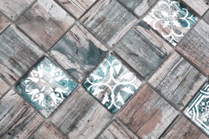 Mosaico in vetro dipinto a mano Medio Vintage Patchwork grigio marrone verde pastello ornamento effetto legno MOS160-W900_m
