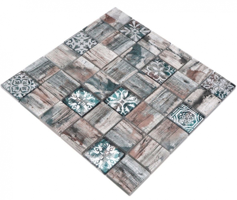 Mosaico in vetro dipinto a mano Medio Vintage Patchwork grigio marrone verde pastello ornamento effetto legno MOS160-W900_m