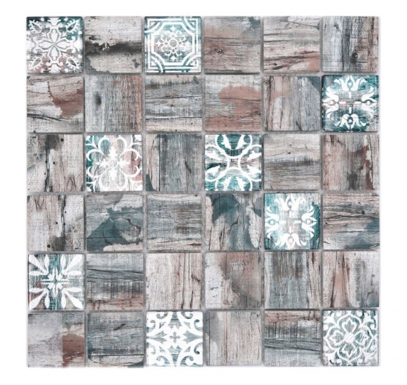 Mosaico in vetro dipinto a mano Medio Vintage Patchwork grigio marrone verde pastello ornamento effetto legno MOS160-W900_m