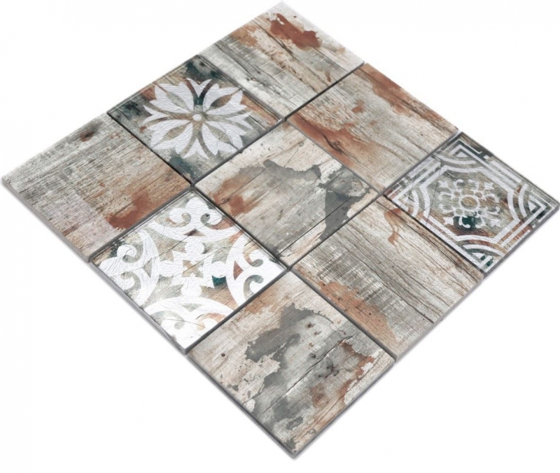 Mosaico in vetro dipinto a mano Piastrella Vintage Patchwork beige ornamento effetto legno MOS160-W750_m