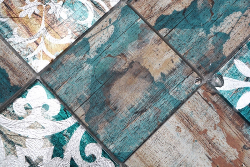 Mosaico in vetro dipinto a mano Piastrella Vintage Patchwork beige pertrol effetto legno MOS160-W850_m
