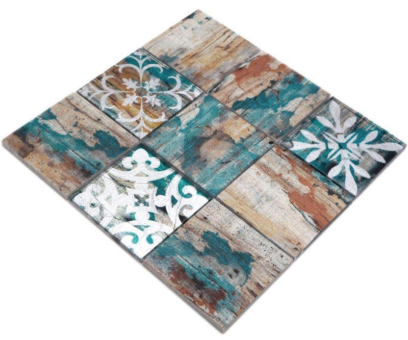 Mosaico in vetro dipinto a mano Piastrella Vintage Patchwork beige pertrol effetto legno MOS160-W850_m