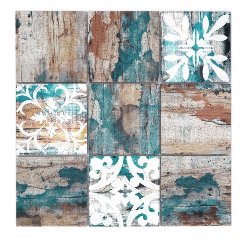 Mosaico in vetro dipinto a mano Piastrella Vintage Patchwork beige pertrol effetto legno MOS160-W850_m