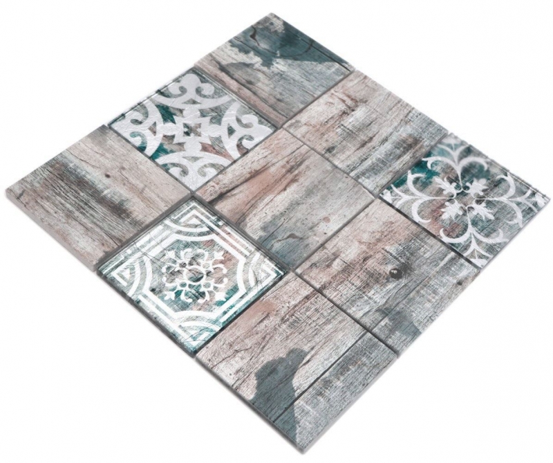 Mosaico in vetro dipinto a mano Piastrella Vintage Patchwork grigio marrone pastello verde effetto legno MOS160-W950_m