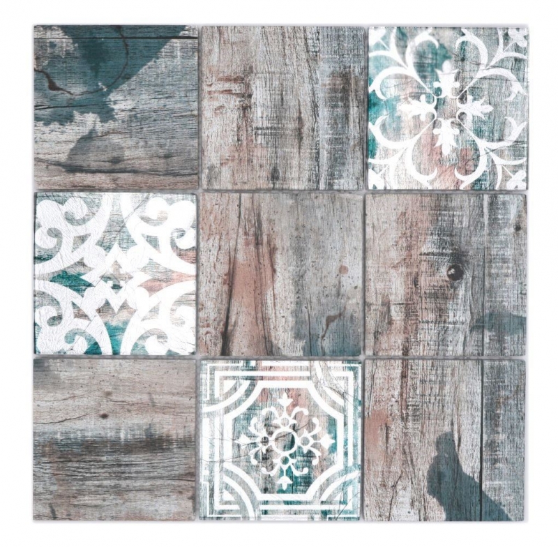 Mosaico in vetro dipinto a mano Piastrella Vintage Patchwork grigio marrone pastello verde effetto legno MOS160-W950_m