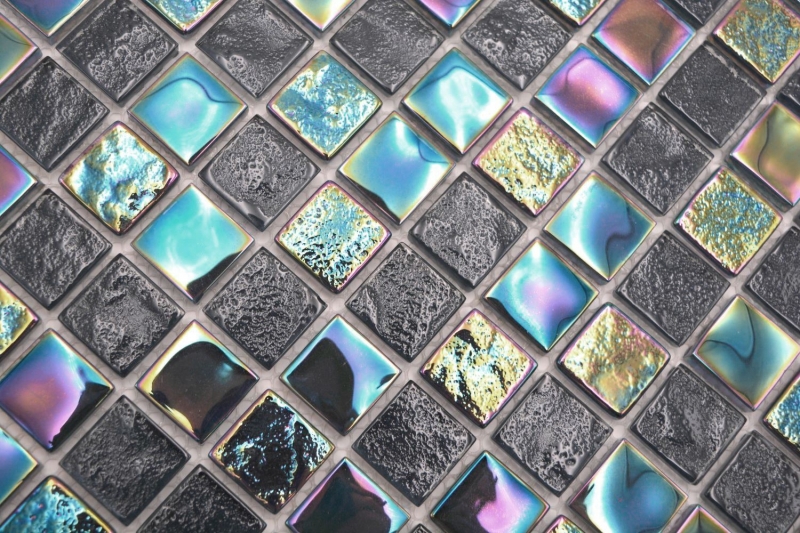 Mosaico di vetro dipinto a mano piccola infradito iridescente nero zaffiro multicolore MOS65-S65_m