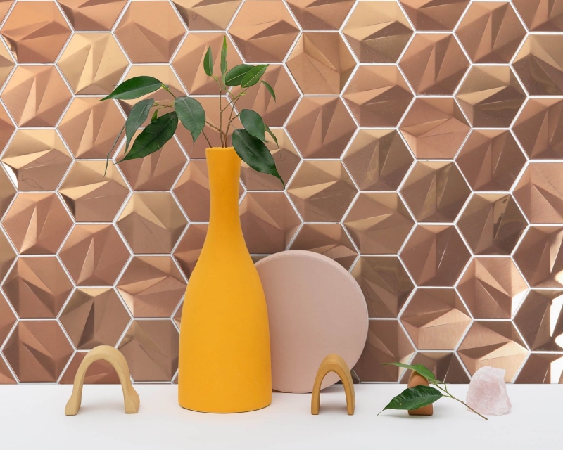 Piastrelle di mosaico esagonale in acciaio inox dipinte a mano 3D acciaio oro rosa lucido/opaco MOS128-BR_m