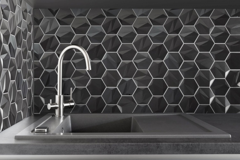Piastrelle di mosaico esagonali in acciaio inox dipinte a mano 3D acciaio tungsteno lucido/opaco MOS128-PL_m