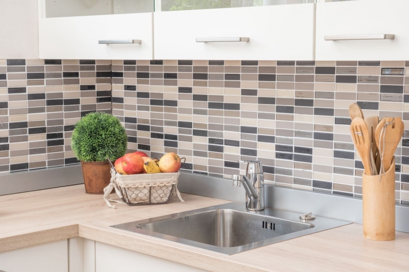Piastrella di mosaico in ceramica beige chiaro aste grigie non smaltate in vetro MOS24-CUSTG61_f