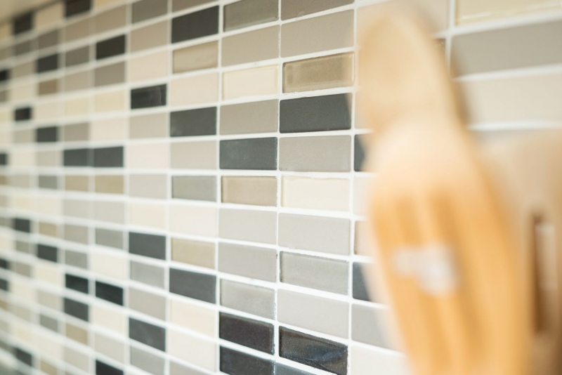 Piastrella di mosaico in ceramica beige chiaro aste grigie non smaltate in vetro MOS24-CUSTG61_f