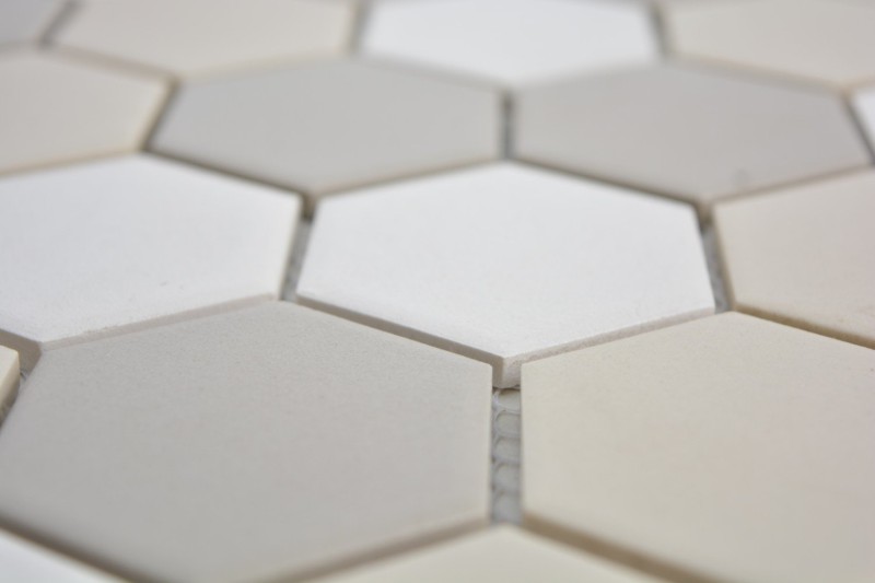 Piastrella di mosaico dipinta a mano in ceramica esagonale bianca beige chiaro grigio chiaro non smaltata MOS11B-1122-R10_m