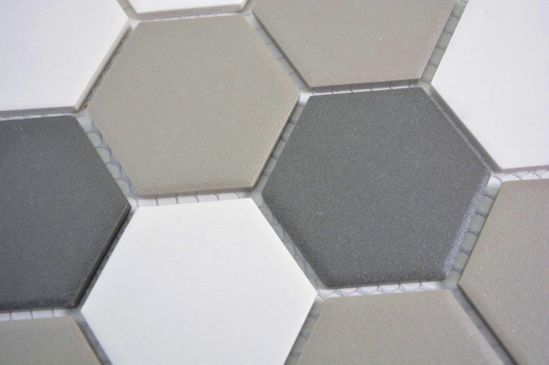 Mosaico dipinto a mano in ceramica esagonale bianco grigio nero non smaltato MOS11B-0123-R10_m