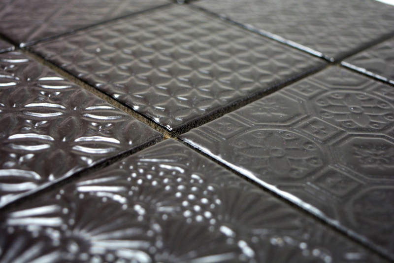 Retro vintage mosaico piastrelle muro ceramica nero struttura parete bagno cucina WC rivestimento - MOS22B-1403