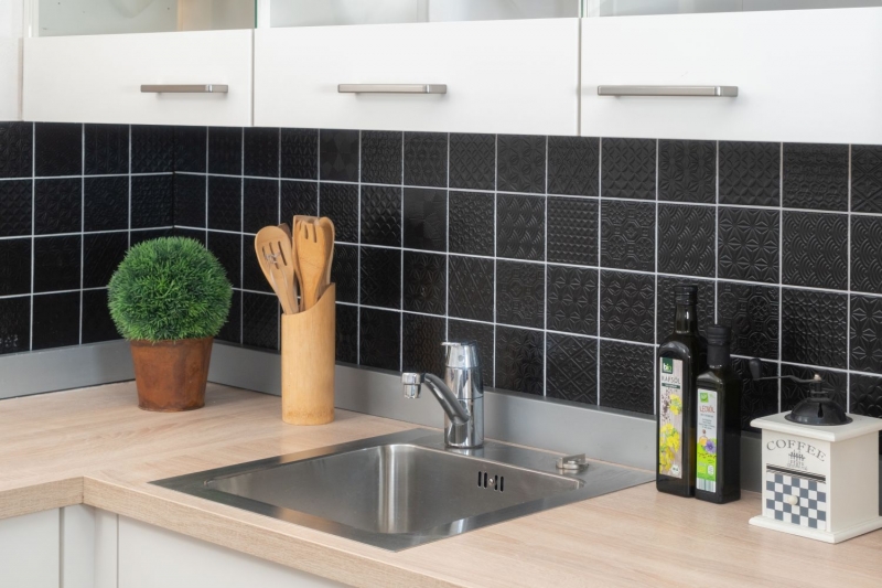 Retro vintage mosaico piastrelle muro ceramica nero struttura parete bagno cucina WC rivestimento - MOS22B-1403