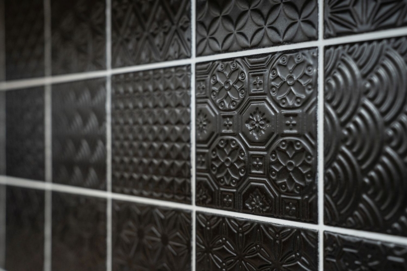 Retro vintage mosaico piastrelle muro ceramica nero struttura parete bagno cucina WC rivestimento - MOS22B-1403