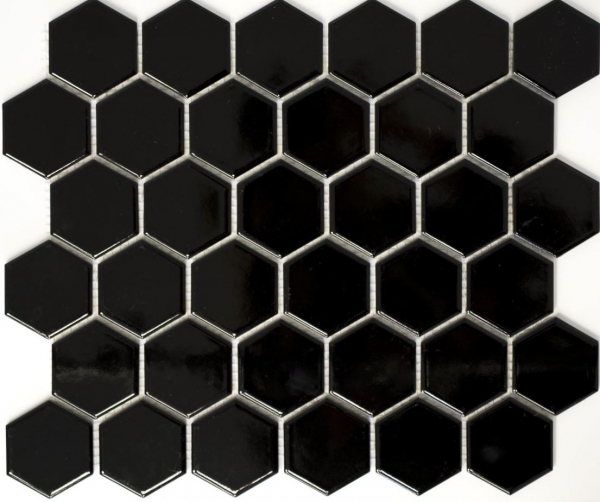 Piastrella di mosaico dipinta a mano in ceramica esagonale nera lucida per doccia MOS11B-0302_m