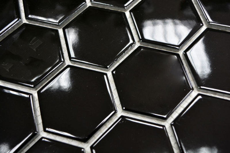 Piastrella di mosaico dipinta a mano in ceramica esagonale nera lucida per doccia MOS11B-0302_m