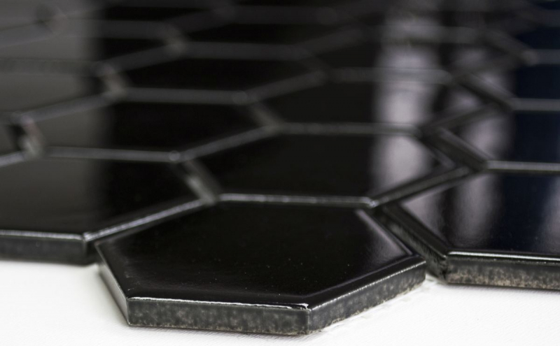 Piastrella di mosaico dipinta a mano in ceramica esagonale nera lucida per doccia MOS11B-0302_m