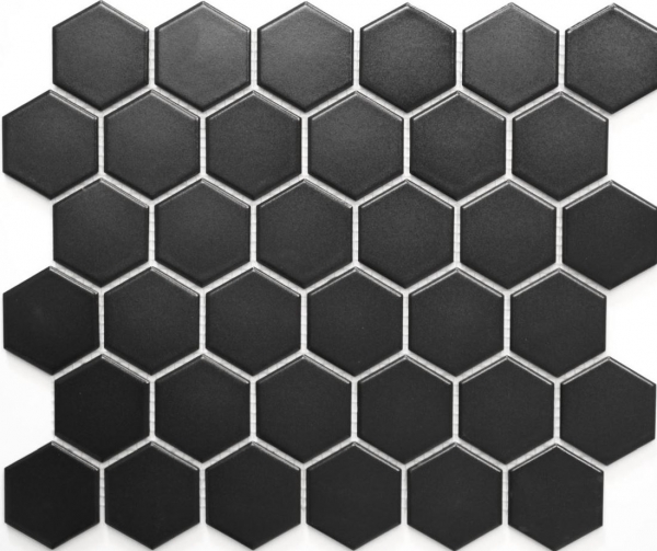 Piastrella di mosaico dipinta a mano in ceramica esagonale nera opaca per doccia MOS11B-0311_m