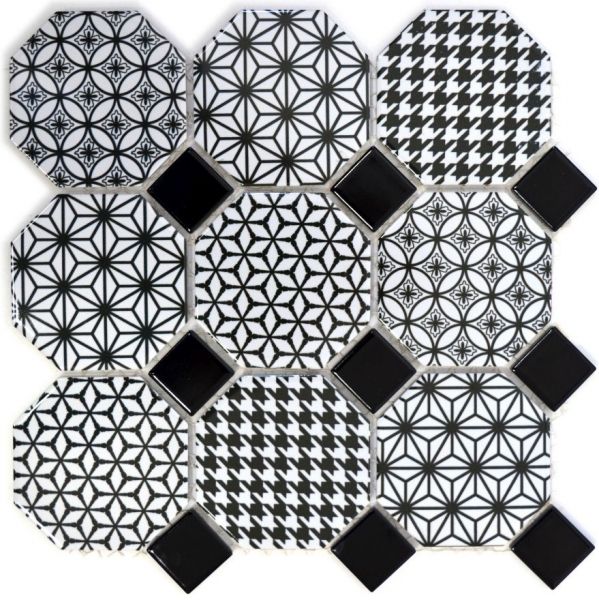 Mosaico dipinto a mano in ceramica ottagonale MISTO bianco lucido nero mosaico parete cucina MOSOcta-0301_m