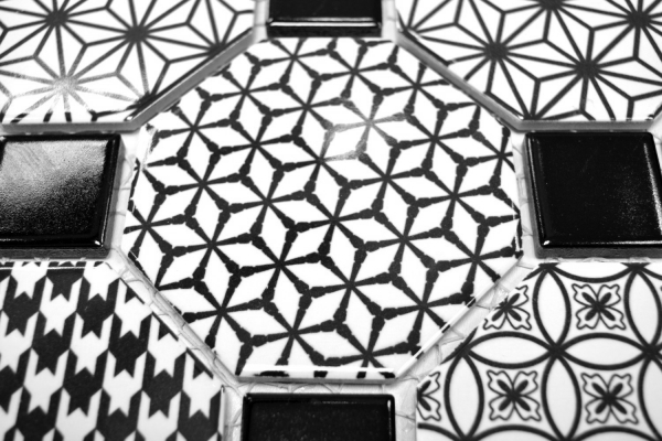 Mosaico dipinto a mano in ceramica ottagonale MISTO bianco lucido nero mosaico parete cucina MOSOcta-0301_m