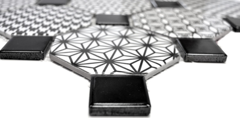 Mosaico dipinto a mano in ceramica ottagonale MISTO bianco lucido nero mosaico parete cucina MOSOcta-0301_m