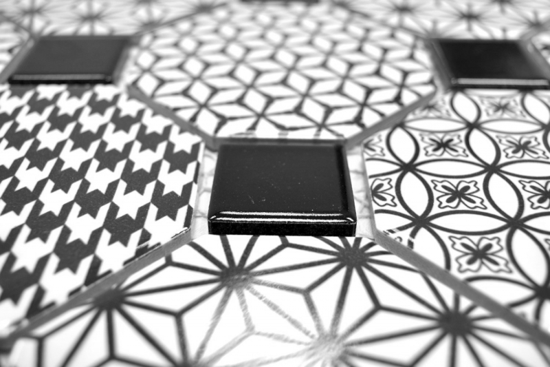 Mosaico dipinto a mano in ceramica ottagonale MISTO bianco lucido nero mosaico parete cucina MOSOcta-0301_m