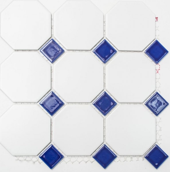 Mosaico dipinto a mano in ceramica ottagonale bianco opaco blu cobalto lucido MOSOcta-180_m
