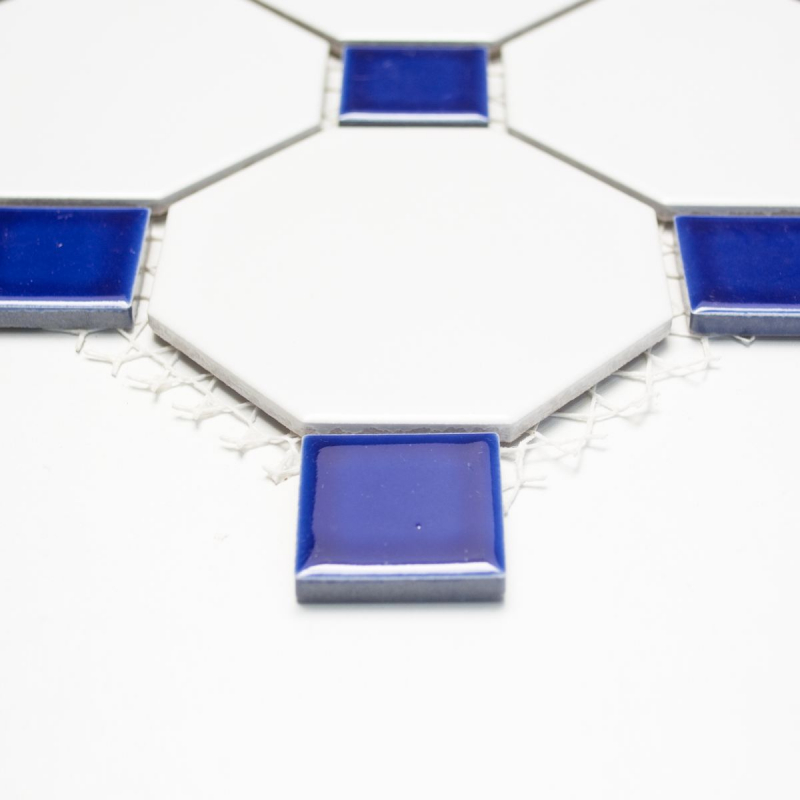 Mosaico dipinto a mano in ceramica ottagonale bianco opaco blu cobalto lucido MOSOcta-180_m