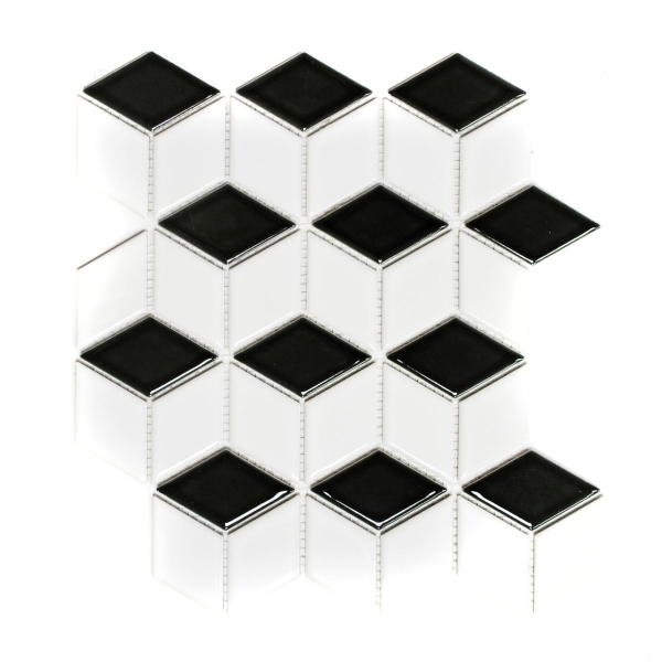 Piastrella di mosaico dipinta a mano in ceramica 3D cubo bianco nero opaco piastrella da parete bagno MOS13-OV09_m