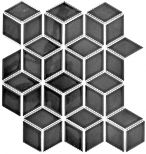 Piastrella di mosaico dipinta a mano in ceramica nera 3D cubo nero lucido backsplash MOS13OV-0301_m