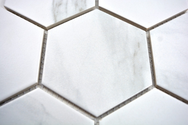 Piastrella a mosaico in ceramica bianca esagonale aspetto Carrara piastrella da parete bagno MOS11F-0102_f | 10 tappetini a mosaico