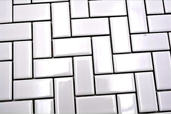 Piastrella di mosaico a spina di pesce in ceramica bianca lucida per cucina MOS24-CHB5WG