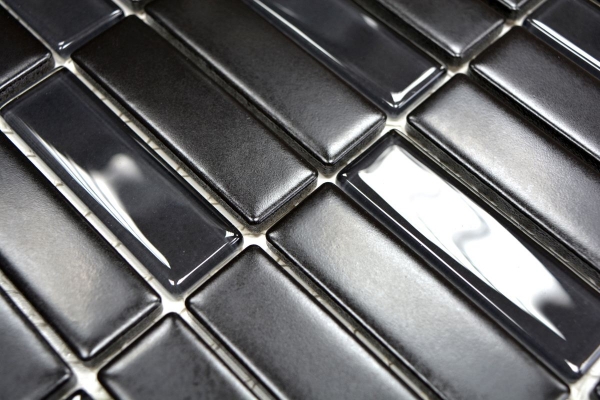 MOS24-ST365_m: piastrelle a mosaico in ceramica con motivi a mano, aste in vetro nero opaco per rivestimenti di pareti