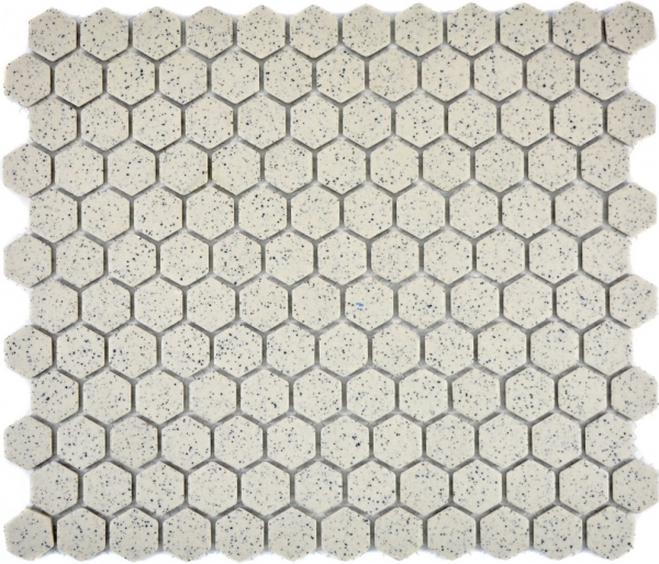 Piastrella di mosaico decorata a mano in ceramica bianco crema esagono screziato non smaltato MOS11A-0103-R10_m