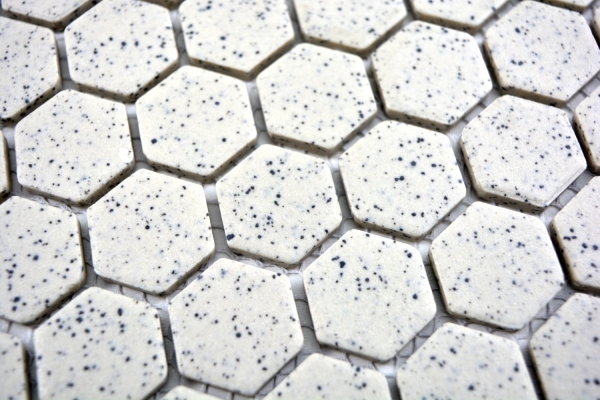 Piastrella di mosaico decorata a mano in ceramica bianco crema esagono screziato non smaltato MOS11A-0103-R10_m