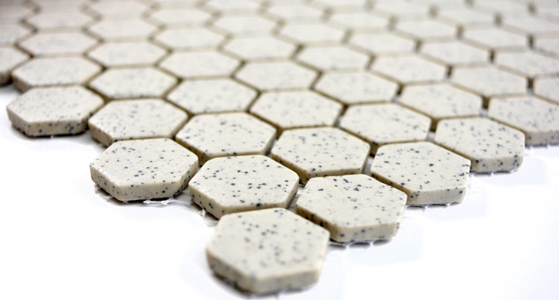 Piastrella di mosaico decorata a mano in ceramica bianco crema esagono screziato non smaltato MOS11A-0103-R10_m