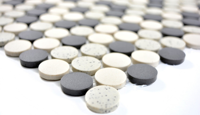 Piastrella di mosaico a mano in ceramica beige nero bottone piatto doccia piastrella pavimento non smaltato MOS10-0113-R10_m