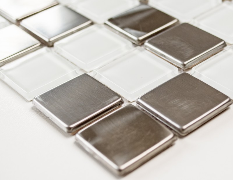 Piastrelle di mosaico acciaio inox vetro mosaico acciaio bianco argento pannello mosaico MOS129-0104