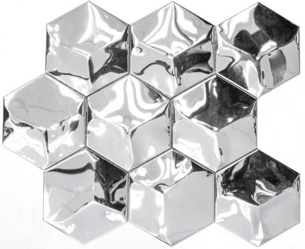Piastrella a mosaico decorata a mano acciaio inox esagono argento 3D acciaio lucido MOS129-HXM10SG_m