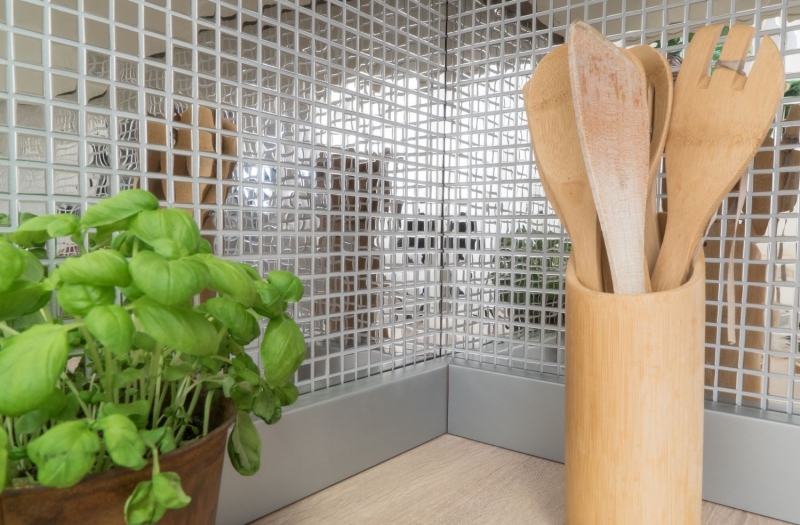 Piastrella di mosaico in acciaio inox argento lucido backsplash parete della cucina MOS129-15G